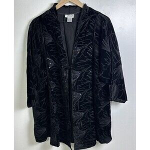 Aris.A Coat Womens Large XL Black Velvet Embroidered Jacket Artsy Boho Kimono